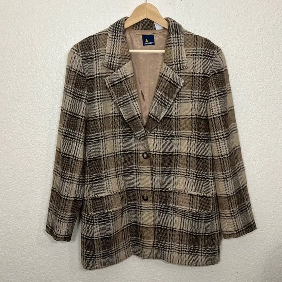 90’s Vintage Liz Claiborne Plaid Structured Wool Blend Blazer Tan Brown Size 12 - Picture 1 of 12